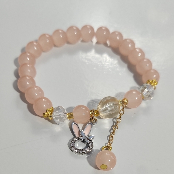 Pink Beaded Bracelet with Gold Accents and Bunny Charm - Picture 2 of 2